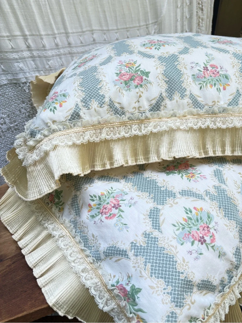Victorian Set of 2 Pillow Cases/Shames  King with lace and ruffles